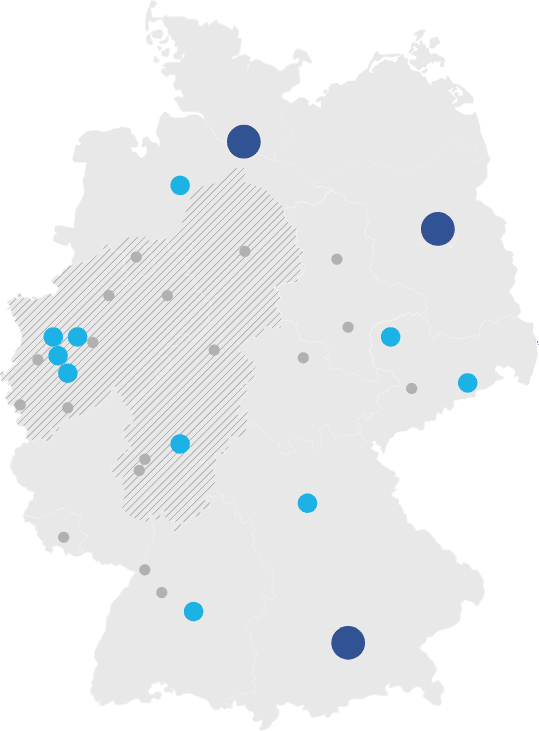 Eine Karte Deutschlands auf der mehrere Städte und Regionen als Standorte der der Deutsche Zinshaus Luxembourg gekennzeichnet sind.